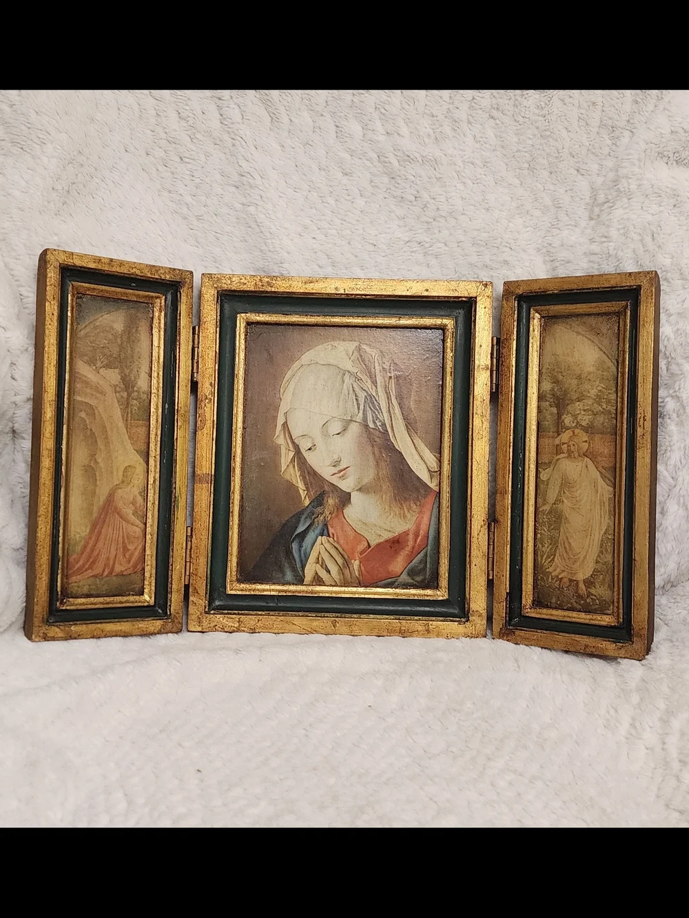 Beautiful Vintage 1970 Religious Triptych – Devotional Art with Wooden Frame